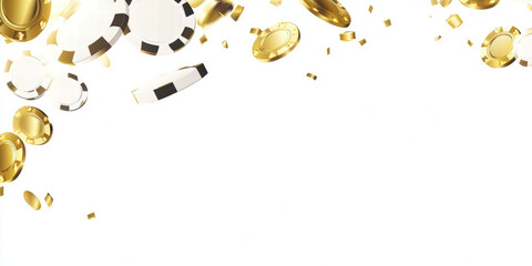 Falling gold and black casino chips with confetti on white background, creating festive and luxurious gambling theme