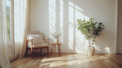 Cozy Bright Interior with Armchair, Table, Plant, and Soft Shadows on Wall