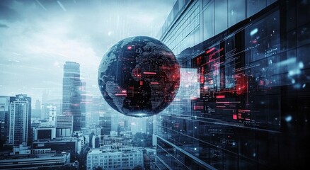 The image represents a fusion of global business and advanced cybersecurity themes.