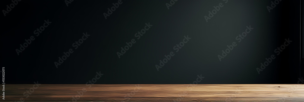 Poster dark room interior design background features a real wood table top texture for creating product dis