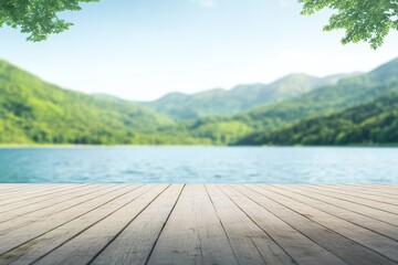 serene view of wooden pier stretching over calm blue water vibrant green mountains frame background...