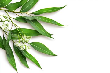 Fototapeta premium A detailed botanical illustration of eucalyptus leaves and flowers on a white background