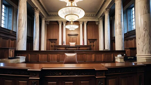 Elegant Courtroom Interior with Wooden Panels, Columns, and Judge's Bench in a Legal Setting

