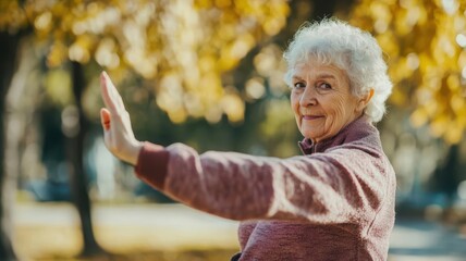 A senior doing light yoga or stretching in a park, focusing on joint health and osteoarthritis prevention