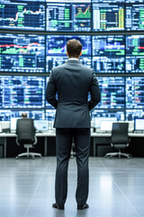 Fototapeta premium A man in a suit stands in front of a large monitor displaying financial data