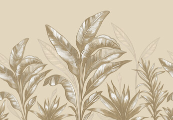 Seamless coupon pattern. Golden lines, tropical leaves, palm trees. 