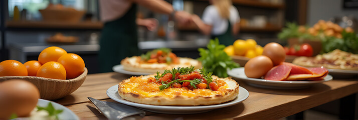 Obraz premium Cooking breakfast food in a bakery setting with natural ingredients displayed on wooden tables for product showcase and advertising purposes._00001_