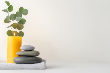 Obraz premium A eucalyptus branch lying on a spa towel, accompanied by candles and smooth stones, symbolizing relaxation
