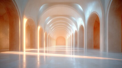 Obraz premium Sunlit arched hallway with columns and reflective floor.