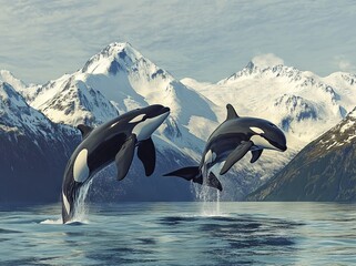 "Two Orcas Jumping Out of the Water in Alaska with Snow-Capped Mountains Behind - Hyper-Realistic" AI generated illustration