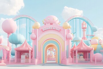 Whimsical Colorful Amusement Park with Soft Pastel Tones and Rides