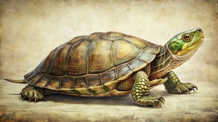 Obraz premium Editable retro turtle graphic: vintage wildlife illustration, layered design for easy customization.