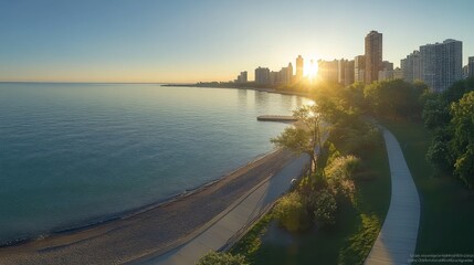 Sunrise over lake michigan chicago scenic landscape photography urban environment panoramic view tranquility and beauty