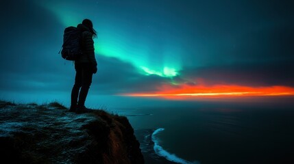 Adventure seeker watching northern lights over ocean cliff iceland landscape photography night sky inspirational travel concept