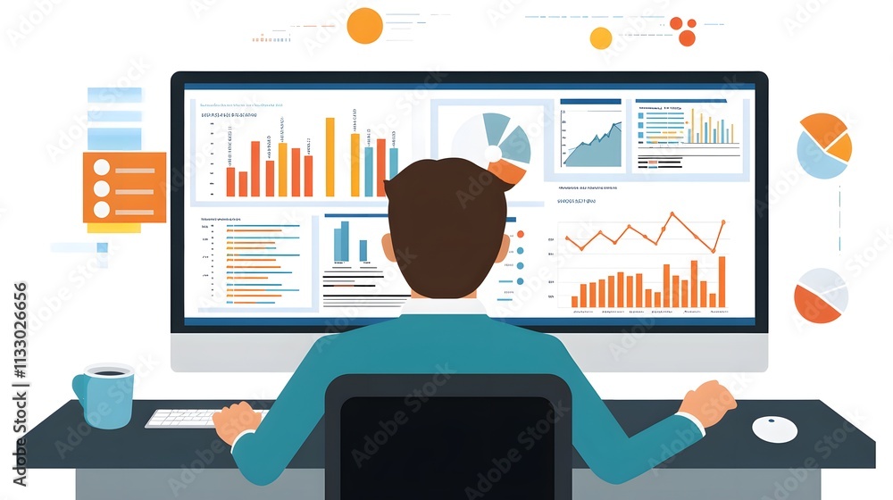 Poster person analyzing data graphs on large computer screen