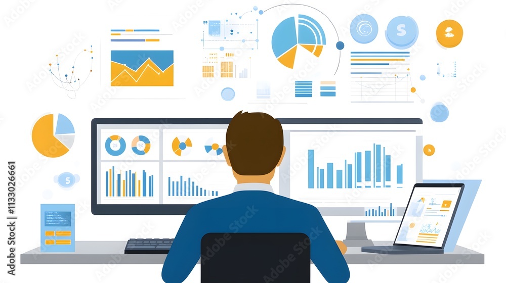 Poster analyst reviewing business data charts graphs and reports