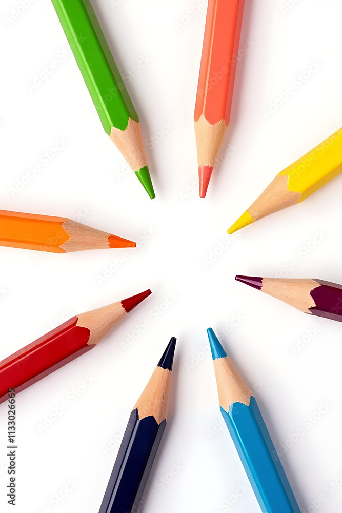 Poster Colorful pencils arranged randomly on a white background create an abstract art design that is visually appealing._00002_