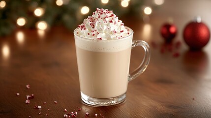 A festive beverage topped with whipped cream and crushed peppermint, set against holiday decor.