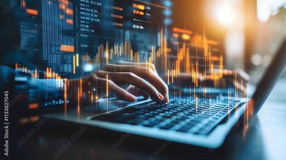 Poster hands typing on laptop displaying financial data graphs