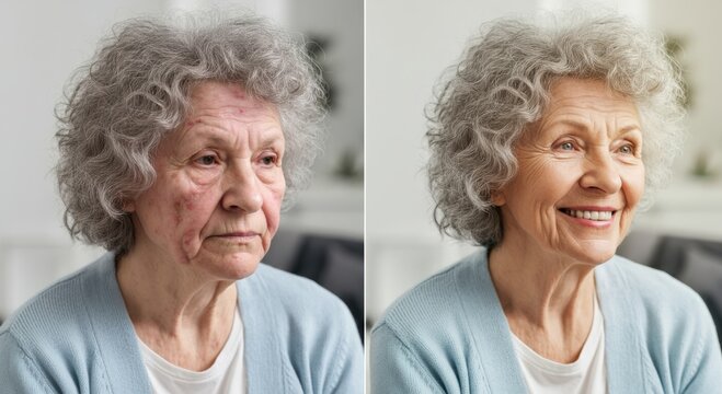 Transformation of elderly caucasian woman: before and after aging treatment