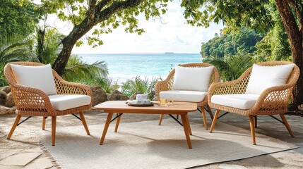 Obraz premium Cozy Outdoor Seating Set with Ocean View and Lush Greenery in Bright Sunshine