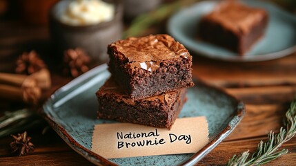 Delicious brownies celebrating National Brownie Day with a gift card on a rustic wooden table