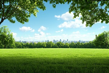 Obraz premium Vibrant Green Field Overlooking Urban Skyline Under Blue Sky