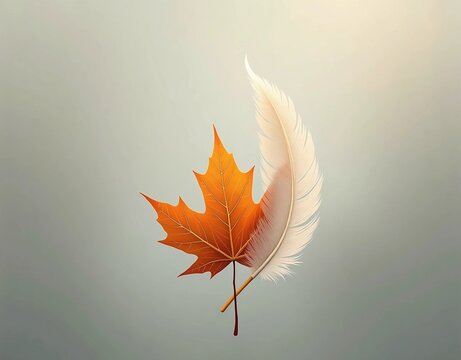 A delicate orange maple leaf paired with a white feather on soft gradient background