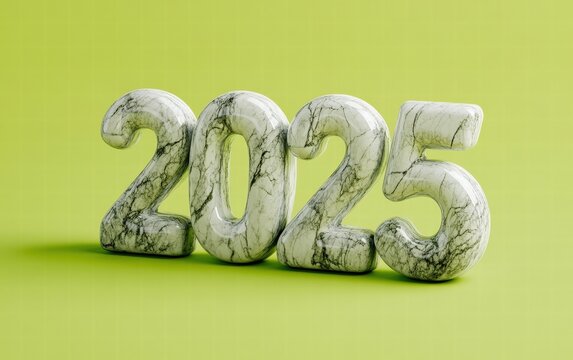 Marble-textured 2025 numbers with realistic veining, floating in dynamic motion on a bright lime green background - Powered by Adobe