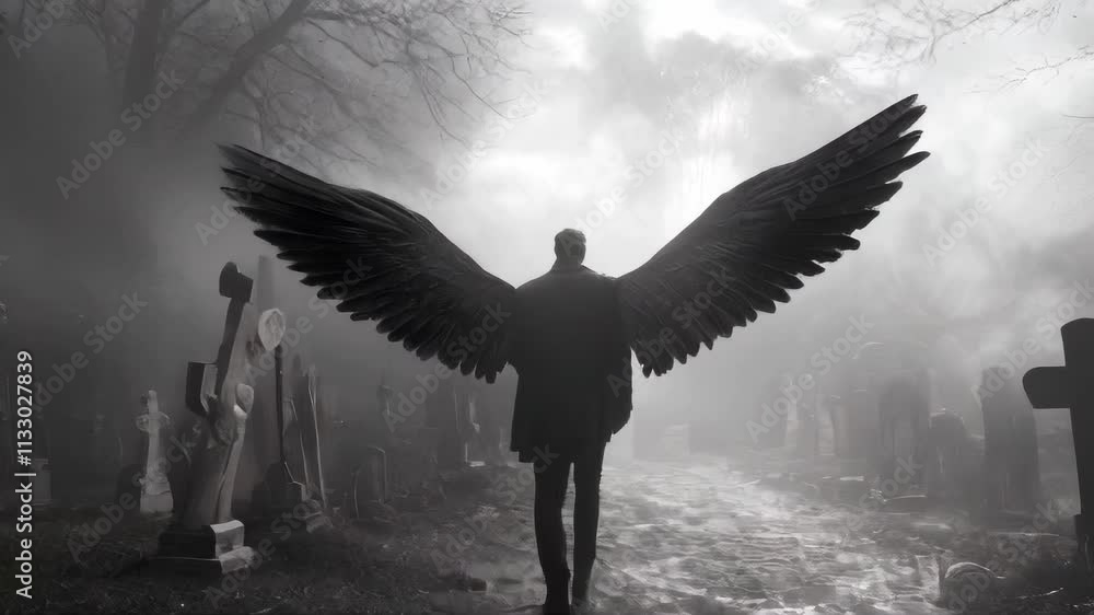 Poster a figure with large black wings stands in a foggy graveyard, creating a dark and mysterious atmosphe