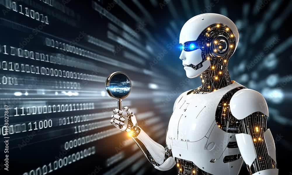 Poster a humanoid robot examines its reflection in a mirror amidst flowing binary code, symbolizing the int