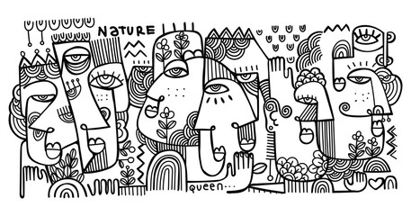 Obraz premium abstract hand drawing face portrait geometric decorative doodle outlines vector illustration. Line art black and white aesthetic design for wall art, prints, cards, decoration, banner and background.