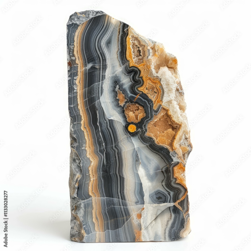 Poster polished agate mineral stone showing beautiful layers and patterns isolated on white background