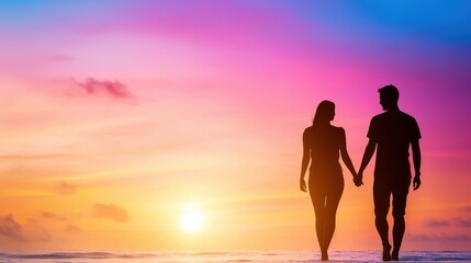 Fototapeta premium Romantic Silhouette of Couple Walking Hand in Hand at Sunset Beach