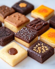 A variety of colorful square desserts with different toppings arranged on a surface.