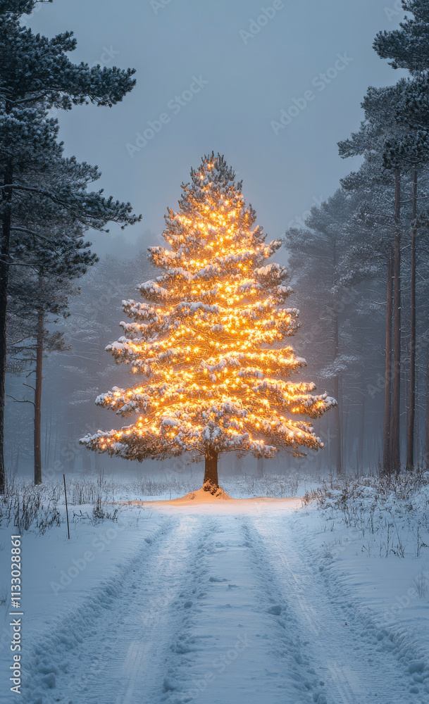 Poster snow-covered tree illuminated in a winter forest. tree adorned with bright lights stands in a snowy 