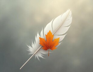 A white feather with an orange maple leaf on a soft gray background with warm light