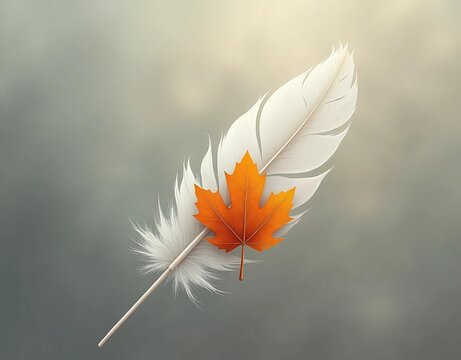 A white feather with an orange maple leaf on a soft gray background with warm light