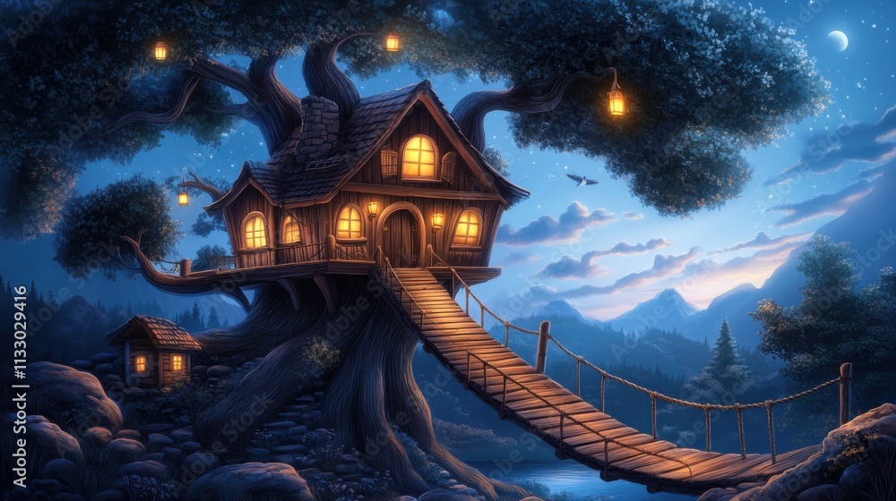 Poster enchanted treehouse at twilight with glowing windows and charming lanterns in a magical forest setti