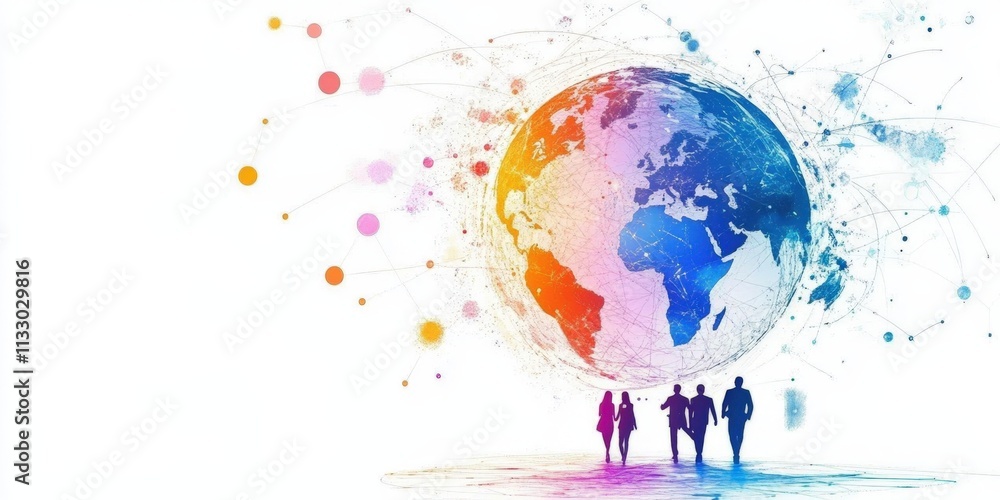 Poster a visual representation of a global business team within a digital framework.