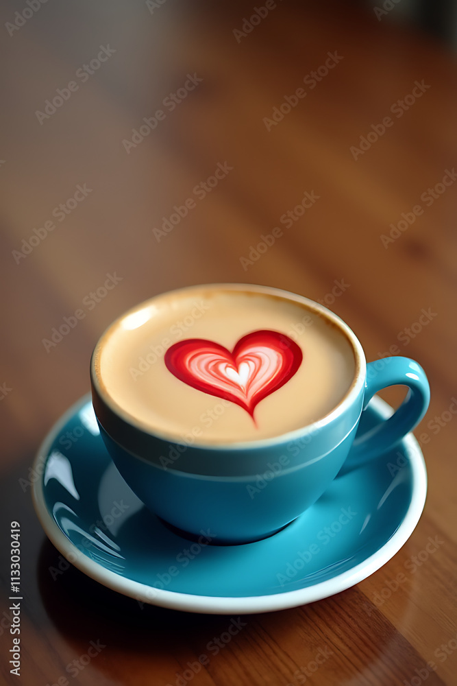 Poster coffee connoisseurs enjoy creative designs featuring a red heart shape within a blue cup, adding an 