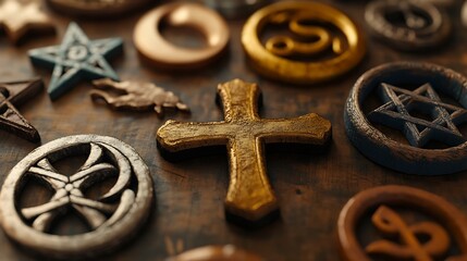Fototapeta premium A close-up of various religious symbols such as a cross, Star of David, crescent moon, and Om, arranged together on a table 