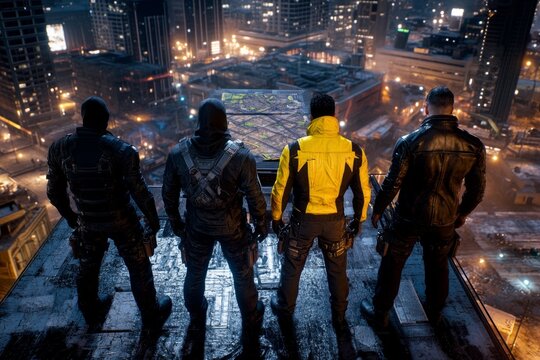 A group of villains plotting in a dimly lit underground lair, with maps and weapons spread out on a large table