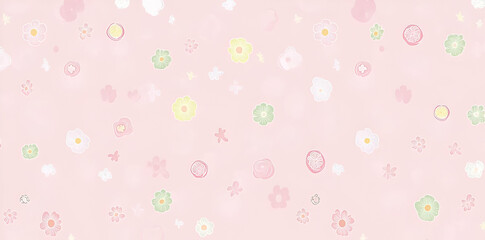A soft pink background adorned with delicate, colorful flowers, creating a cheerful aesthetic.