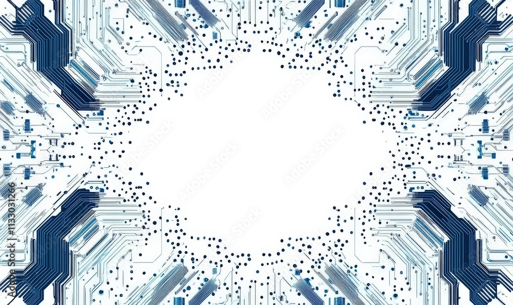 Poster digital art displaying circuits and chips on a white background