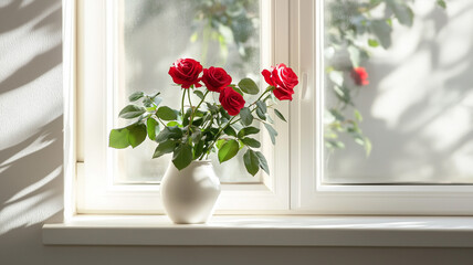 A bouquet of red roses placed on a windowsill with natural light streaming in, creating a simple and elegant Valentine’s Day vibe. Ai generated