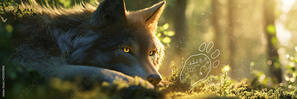 Poster a digital ecological footprint icon alongside a wolf, symbolizing online research platforms examinin