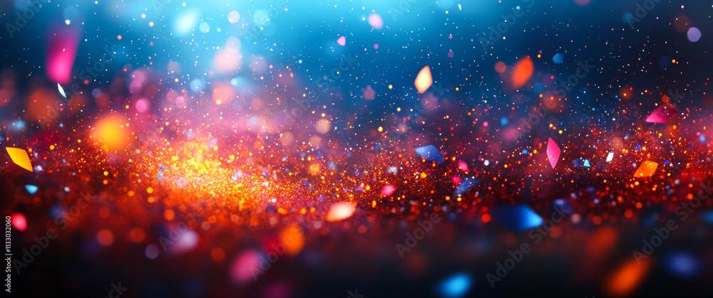Poster vivid particles shine on dark backdrop. bright particles float and sparkle in vibrant hues over a da