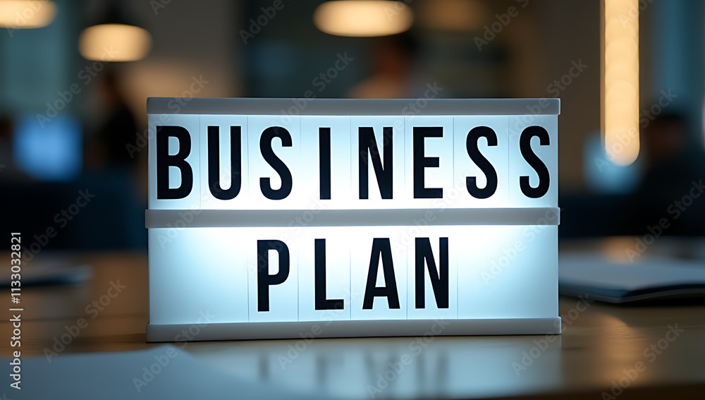 Poster business plan text displayed on a light box at an office desk, serving as a motivational tool for wo