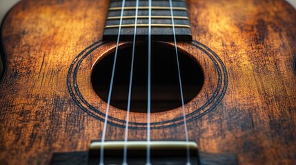 Fototapeta premium Close-up of a vintage ukulele's sound hole and strings.